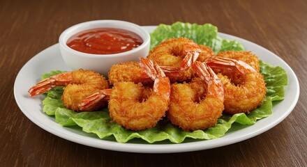 Fototapeta premium Crispy coconut-crusted shrimp arranged attractively on a plate of fresh lettuce leaves, accompanied by a bowl of rich red sauce.