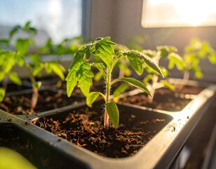 Close-up of young tomato seedlings