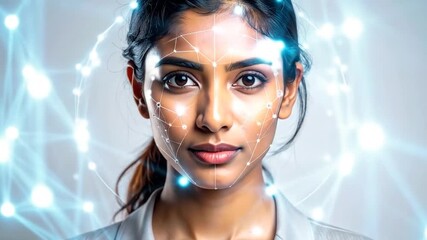 Facial Recognition Technology Analysis of a Woman's Face with Data Points - Powered by Adobe