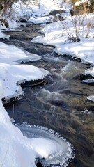 A winter stream flowing through snow-covered landscape