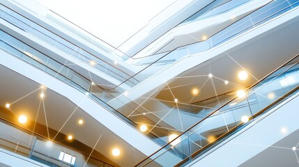 Modern Architecture, Networked Interior Design, Escalators and Glass, Contemporary Building, Futuristic Interior, Illuminated Spaces, Abstract Design