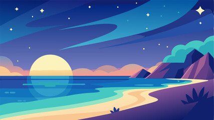 As day turns into night the stars le above illuminating the tranquil beach and creating a peaceful and serene atmosphere.