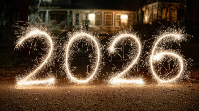 Sparkler light painting of year 2026 outdoors at night with house and trees, symbolizing New Year celebration and festive atmosphere