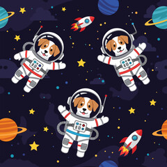 Cute cartoon astronaut dogs exploring colorful outer space with planets and rockets