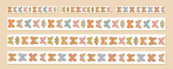 Groovy retro seamless butterfly border set in colorful floral pattern and y2k style. Vibrant seamless border pack with abstract graphic frame for creative vintage projects.