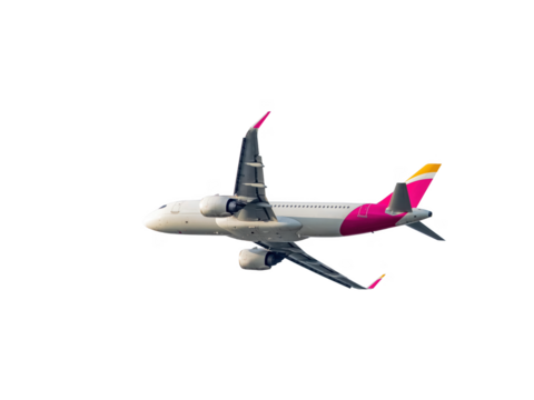 Commercial airplane flying with pink tail fin, transparent background - Powered by Adobe