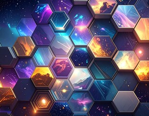Abstract hexagonal display of vibrant landscapes and celestial imagery
