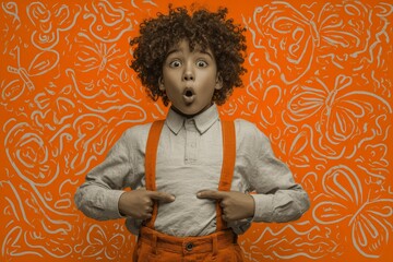 Curly-haired child in playful fashion poses with surprise against creative orange backdrop, ideal for youth campaigns or educational promotions