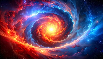 A vibrant, swirling vortex of cosmic energy, with fiery reds and electric blues converging towards a bright, luminous center, evoking the immense power of the universe.