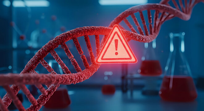 Closeup of red dna double helix with warning sign, genetic research in medical lab setting with test tubes - genetic defects, health awareness, biotechnology risk, disease prevention, mutation concept - Powered by Adobe
