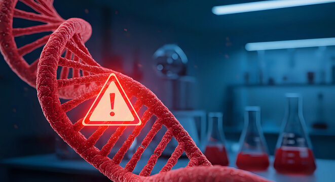 Closeup of red dna double helix with warning sign, genetic research in medical lab setting with test tubes - genetic defects, health awareness, biotechnology risk, disease prevention, mutation concept