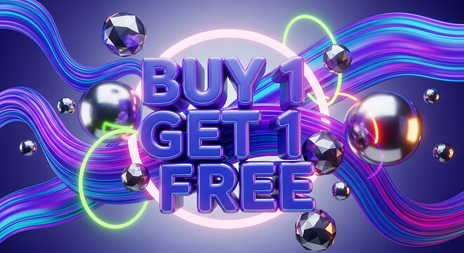 A vibrant buy one get one free promotion with geometric shapes and neon accents design