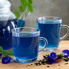Two glasses of vibrant blue tea, alongside a glass teapot and butterfly pea flower blossoms