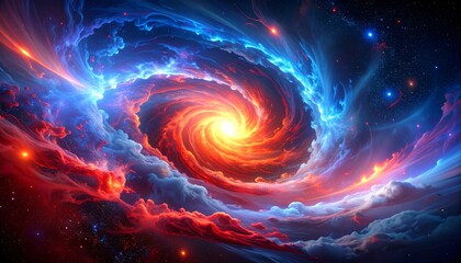 A vibrant, swirling cosmic nebula with a bright, fiery core, featuring glowing clouds of red and blue gas and distant stars, evoking a sense of awe and the vastness of space.
