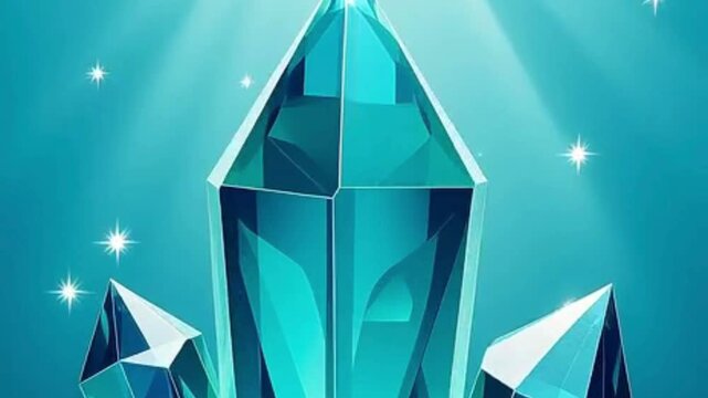 Glowing teal crystal gemstone, magical blue mineral cluster with sparkling light rays, fantasy diamond jewel illustration for game assets