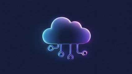 3D glass style purple blue cloud icon with circuit lines, representing cloud computing, storage, and networking
