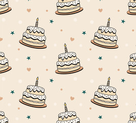 Seamless hand drawn doodle pattern with cute birthday cakes, candles, stars, and hearts. Sweet pastry design on a pastel beige background. Ideal for wrapping paper, fabrics, textiles, packaging