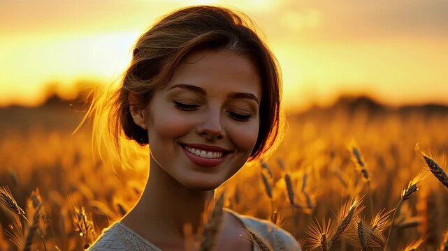 Golden Hour Embrace: A radiant woman, with eyes closed, smiles softly amidst a golden wheat field. Bathed in the warm hues of the setting sun, she exudes tranquility, representing a sense of peace.