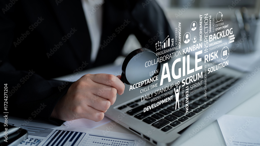 Poster a focused professional uses a magnifying glass to analyze agile methodologies on a laptop keyboard, 