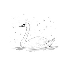 Elegant swan floating gracefully on water with sparkle accents in a monochrome line art depiction