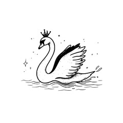 A whimsical illustration of a swan wearing a crown floating on water with sparkling accents on a white backdrop