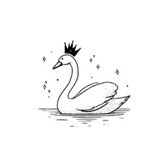 A majestic swan with a crown floating on water surrounded by stars in a black and white illustration