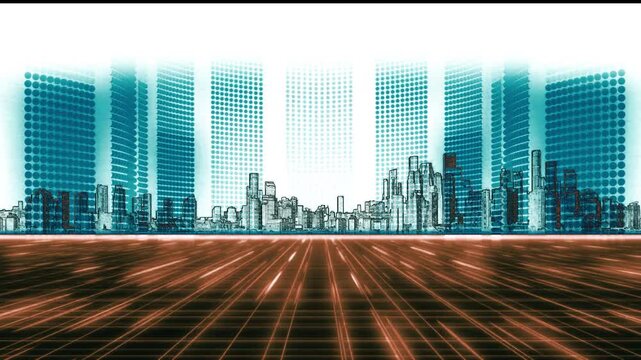 Seamless 4K animation of a high-tech city skyline overlaid with glowing data streams and code, perfect for tech, AI, or cyber themes.