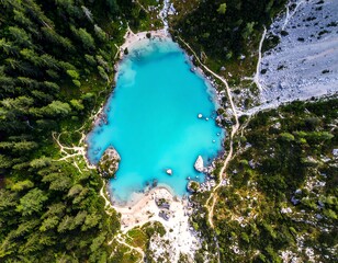 Aerial view of a vibrant turquoise lake nestled in a mountainous valley surrounded by lush forests