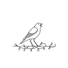 A simple line drawing of a bird perched on a string of lights with a white background in the image