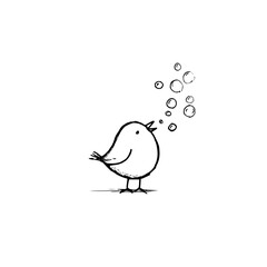 A simple sketch of a bird singing with bubbles floating above its head on a white background drawing