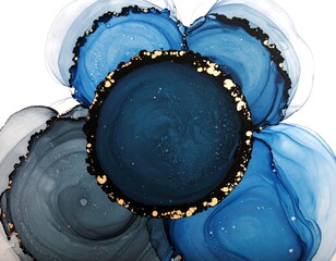 Abstract ink art with deep blues and gold
