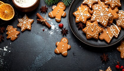 Festive gingerbread cookies on dark background