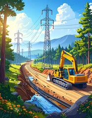 Powerline construction in a scenic landscape.  A yellow excavator works on a road cutting through a forest.  Transmission towers line the horizon.  Sunlight bathes the scene