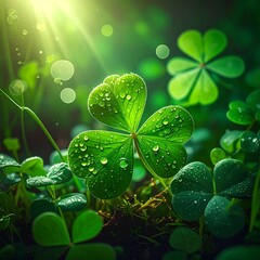 Close-up shamrock leaves in sunlight