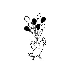 A whimsical line drawing of a bird carrying a bunch of balloons in black and white simple illustration