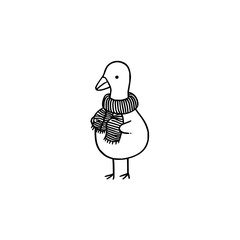 A simple line drawing of a duck wearing a striped scarf standing on two legs on a white background