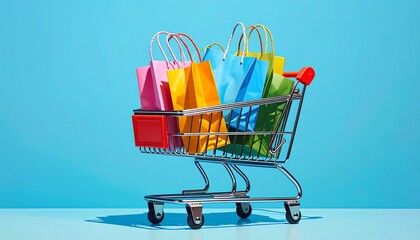 Colorful shopping bags overflowing a miniature metal shopping cart