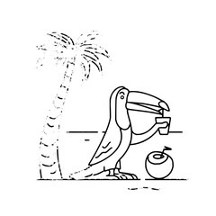 A toucan drinking from a cup next to a coconut under a palm tree on a tropical island beach scene