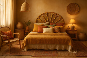 A cozy, warm-toned bedroom featuring a rattan headboard, colorful cushions, natural decor, and soft ambient lighting, creating a serene atmosphere.