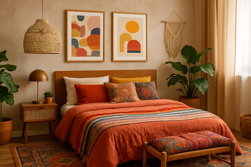 A cozy bedroom featuring warm tones, modern art, lush plants, and stylish decor, creating a welcoming and relaxing atmosphere.