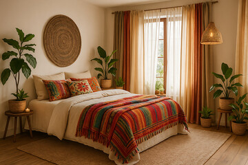 A cozy, warmly decorated bedroom featuring a colorful blanket, lush plants, and natural light filtering through sheer curtains.