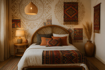 A cozy, bohemian-style bedroom featuring woven decor, warm tones, and a welcoming atmosphere, creating a serene retreat.