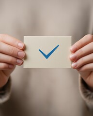 Close-up of hands holding paper card with bold blue check mark, centered vertical composition for awareness campaigns, confirmation visuals, approval or voting design on neutral background