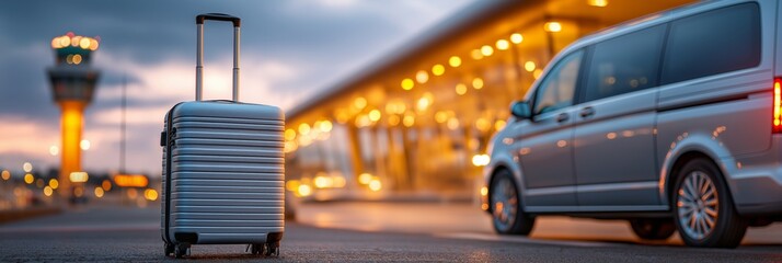 Silver suitcase with extended handle standing alone next to van at airport terminal, 3:1 panoramic travel banner with blurred terminal lights and control tower in background, twilight setting