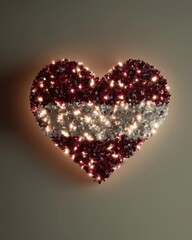 Glowing heart shape formed with red and white Latvian flag colors, composed of small lit particles on soft neutral background, ideal for Independence Day, national identity, or love for Latvia