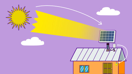 A cartoon illustration of a sunny day featuring a solar panel on a house roof, capturing sunlight to power the home. Purple sky, playful style, emphasizing renewable energy and sustainability