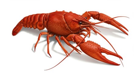 A detailed illustration of a vibrant red crayfish, positioned against a plain white background, showcasing intricate textures and realistic shadowing.