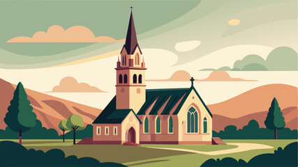 Naklejka premium From any angle a historic village church is a sight to behold with its towering spire reaching towards the heavens and its timeless beauty standing the test of time.