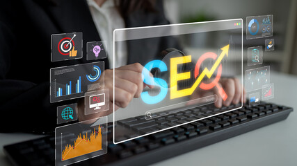 SEO concept for improving SEO visibility, with SEO related digital tools and SEO performance icons...