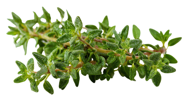 Fresh thyme sprig, dewy leaves, isolated on transparent background. Culinary herb. background removed